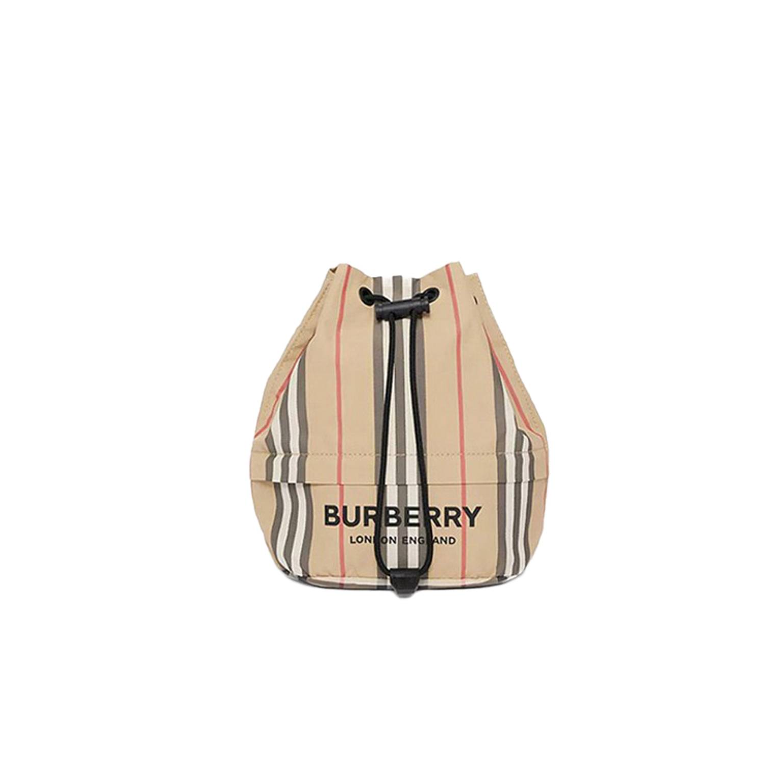 Bv*b*rry lcon stripe nylon drawcord pouch archive beige 80267371 (19.5cm*18cm*12.5cm)
